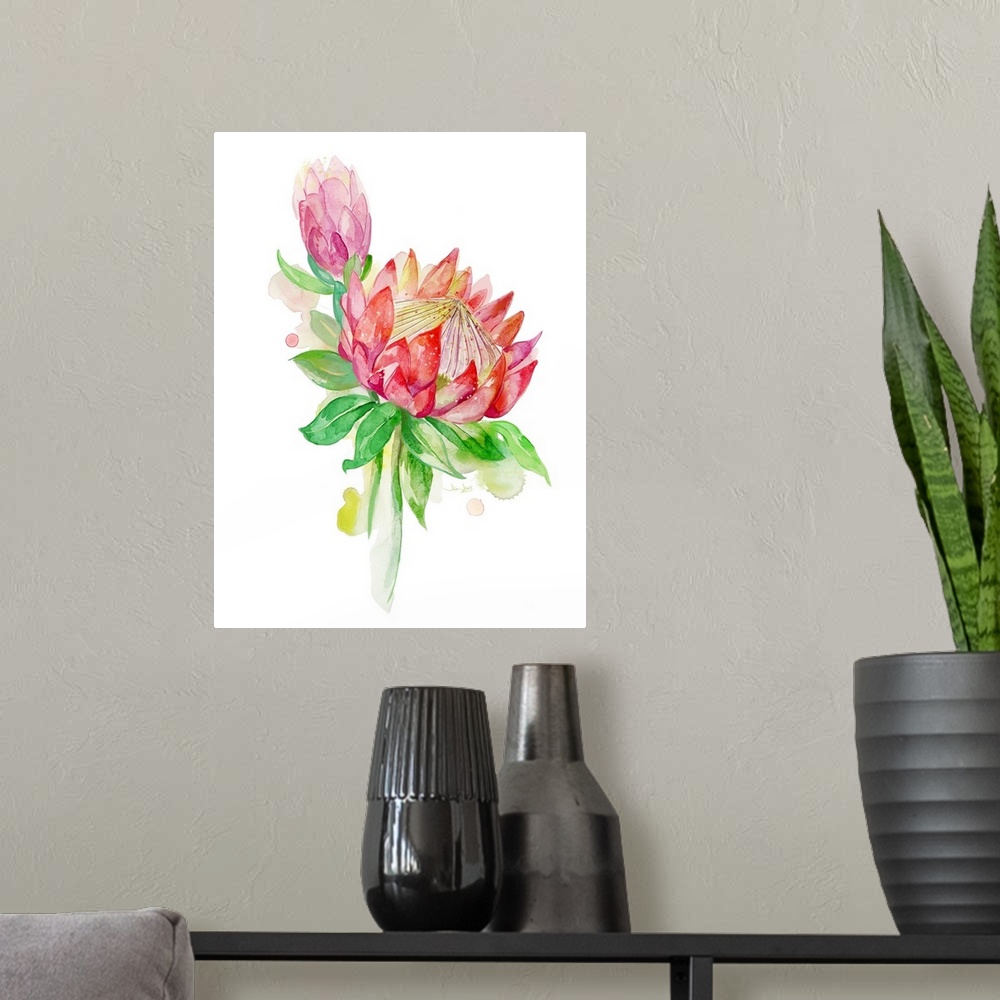 A modern room featuring Watercolor painting of two red, pink, and purple flowers on a white background.