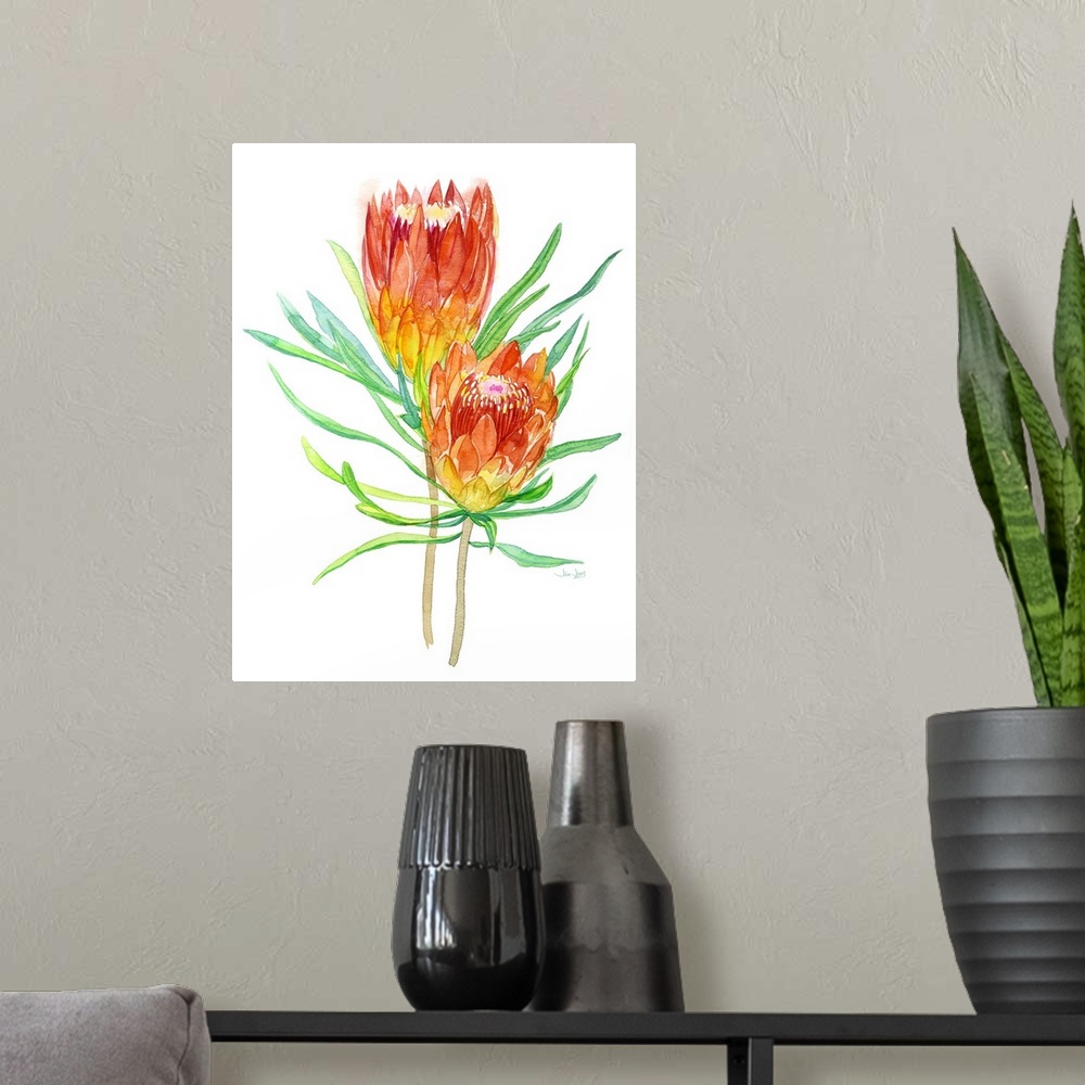 A modern room featuring Watercolor painting of two red, orange, and yellow tropical flowers on a white background.