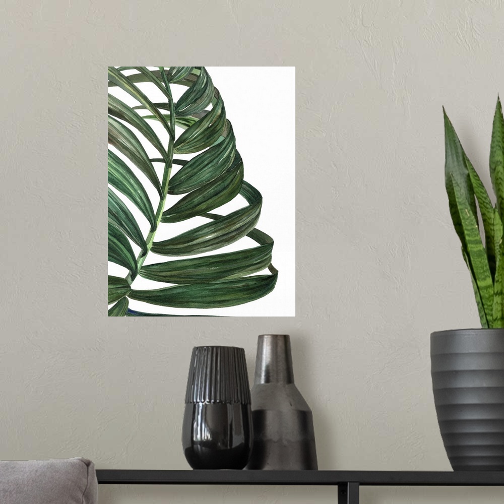 A modern room featuring Mod art of a deep green palm leaf on white.