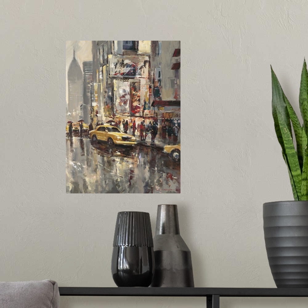 A modern room featuring Painting of city streets with people and taxi's casting reflections on a wet road, with tall buil...