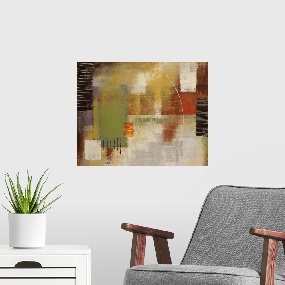 A modern room featuring Contemporary abstract painting using warm and cool tones in geometric patterns.