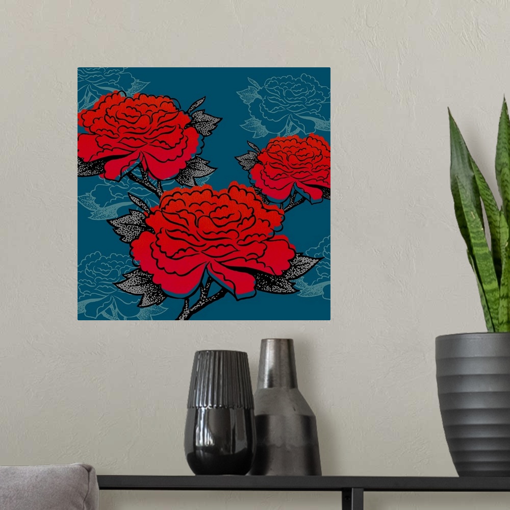 A modern room featuring Vintage style illustration of red flowers on dark blue.