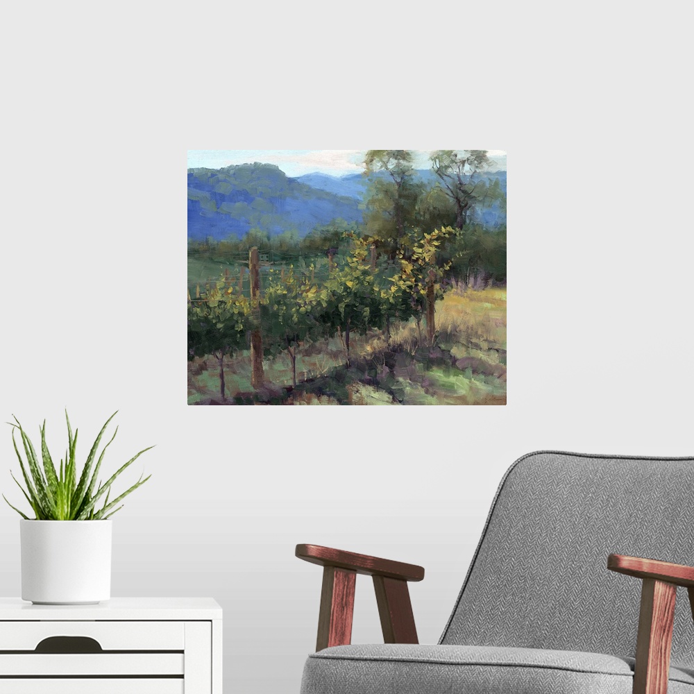 A modern room featuring Contemporary painting of plants in a vineyard in a hilly landscape.
