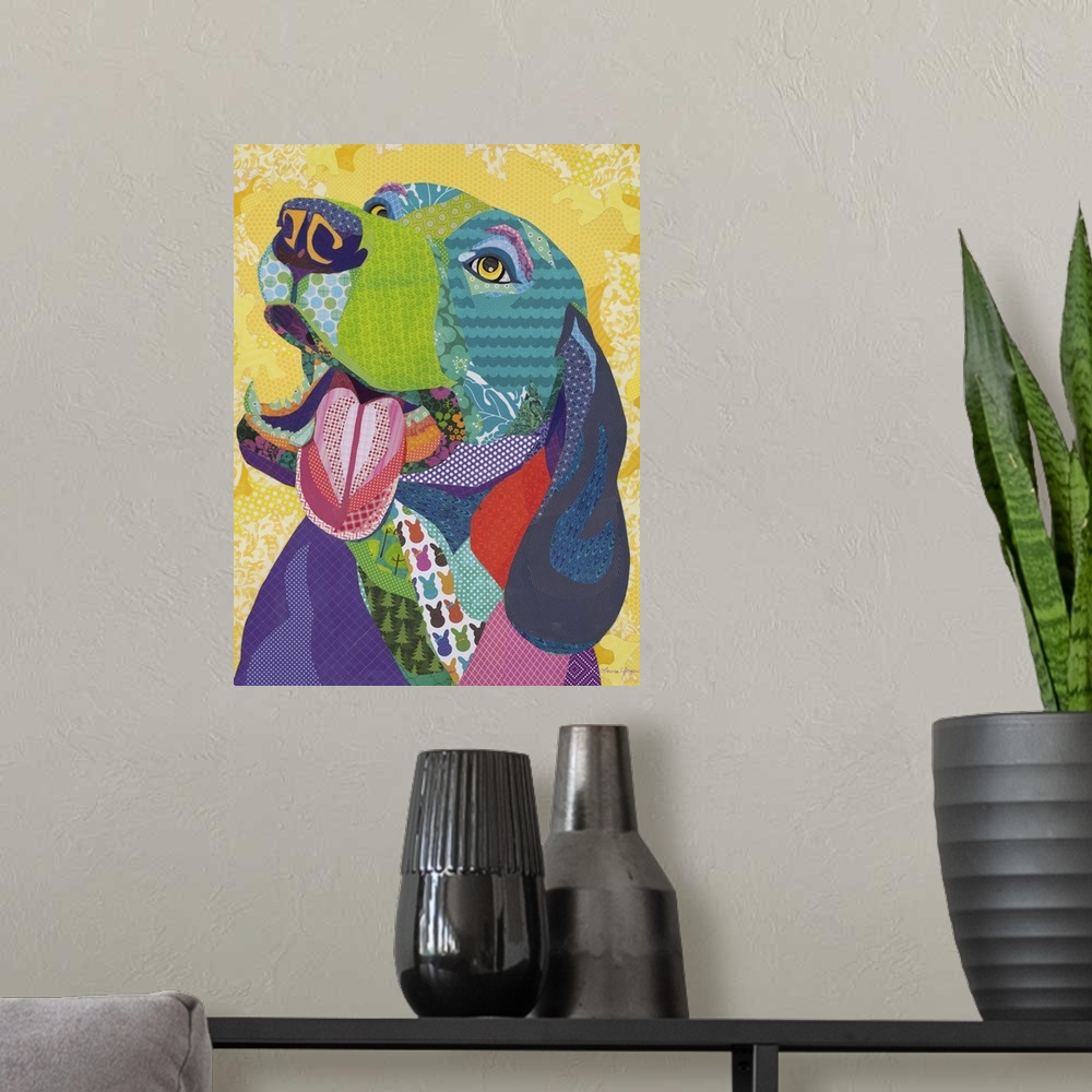 A modern room featuring Colorful collage artwork of a happy dog with its tongue hanging out