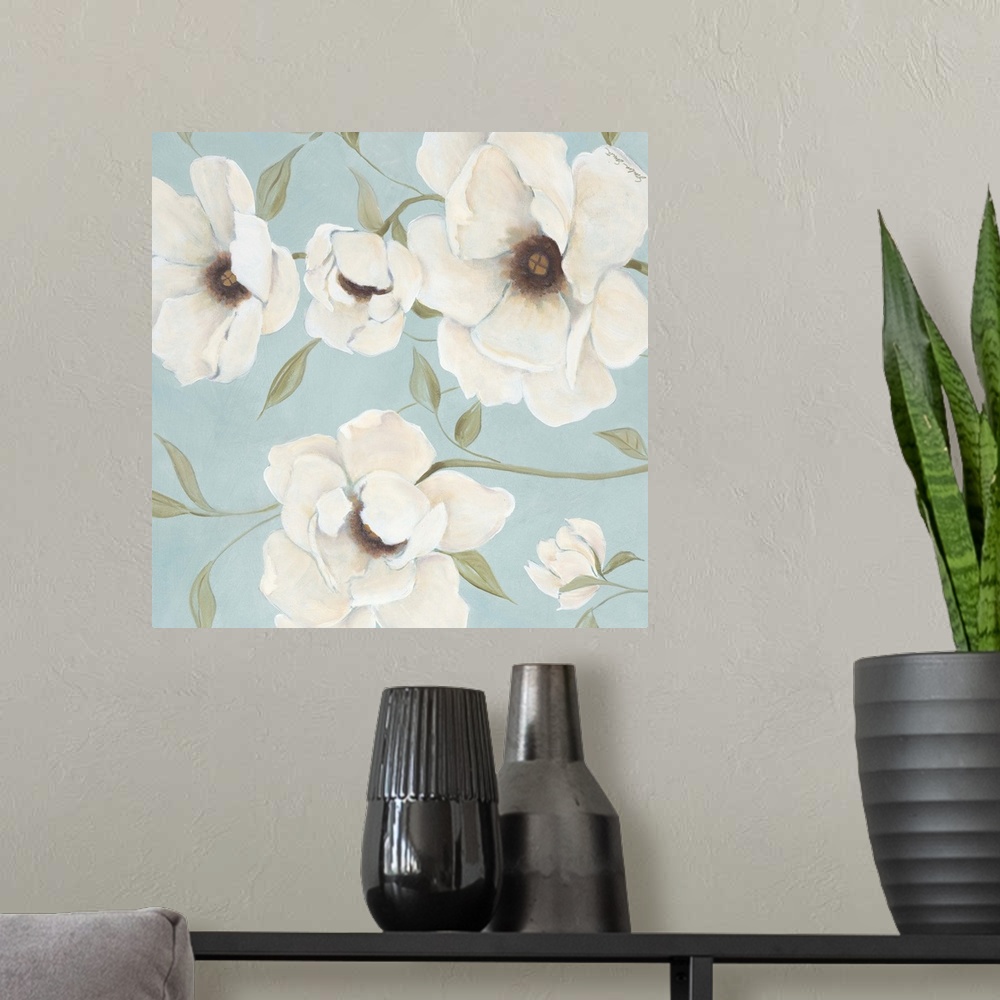 A modern room featuring Square panel painting of a group of white flowers with thin stems on a pale background.