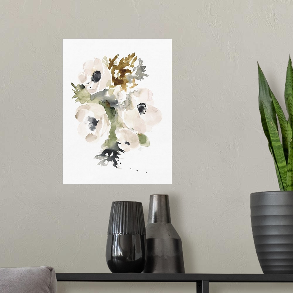 A modern room featuring Watercolor painting of a group of three white flowers with dark green leaves.