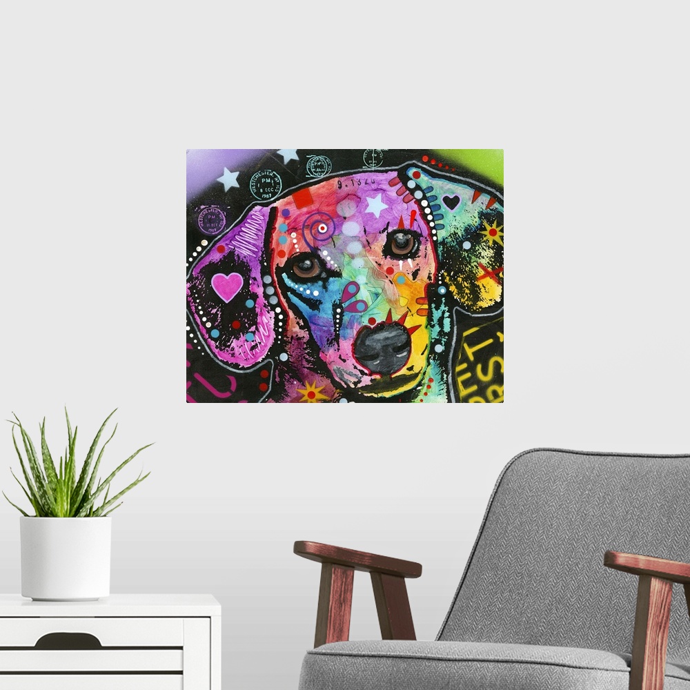 A modern room featuring Contemporary painting of a colorful Hound dog with geometric abstract designs all over.