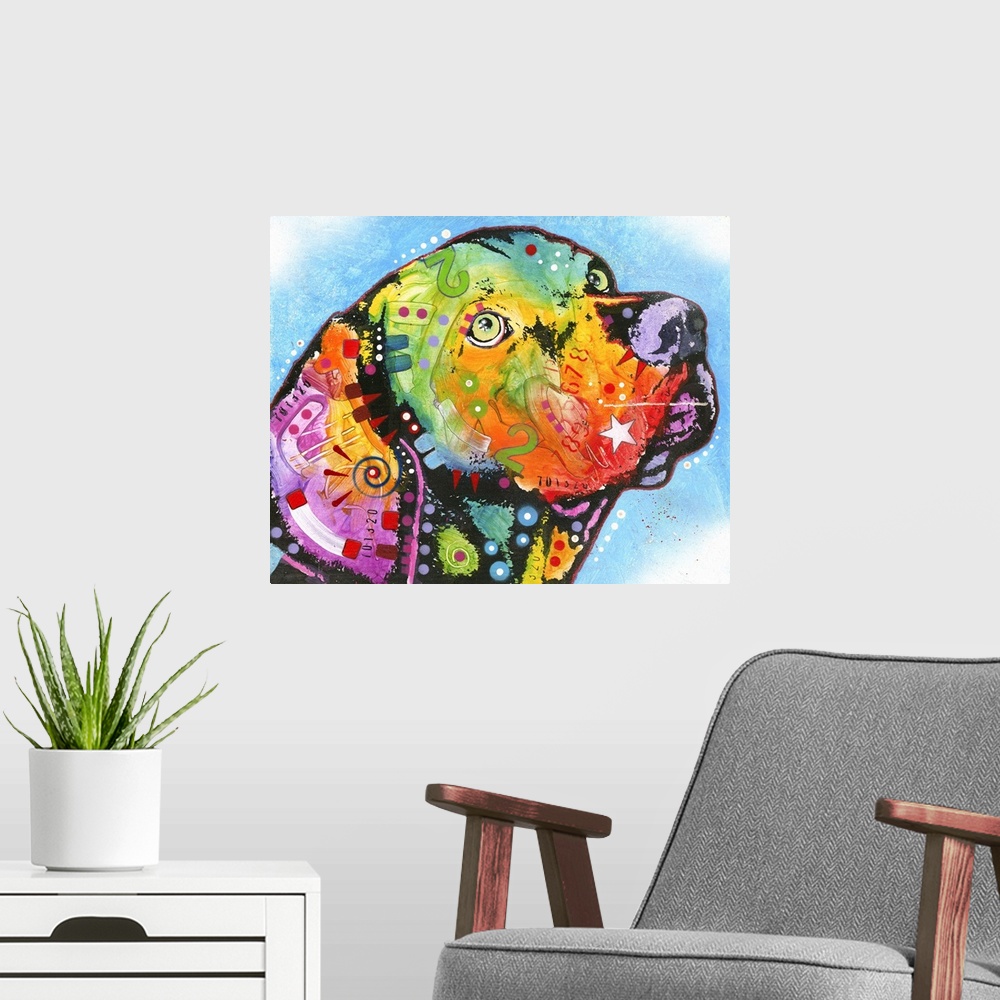 A modern room featuring Contemporary painting of a colorful Labrador with geometric abstract designs all over.