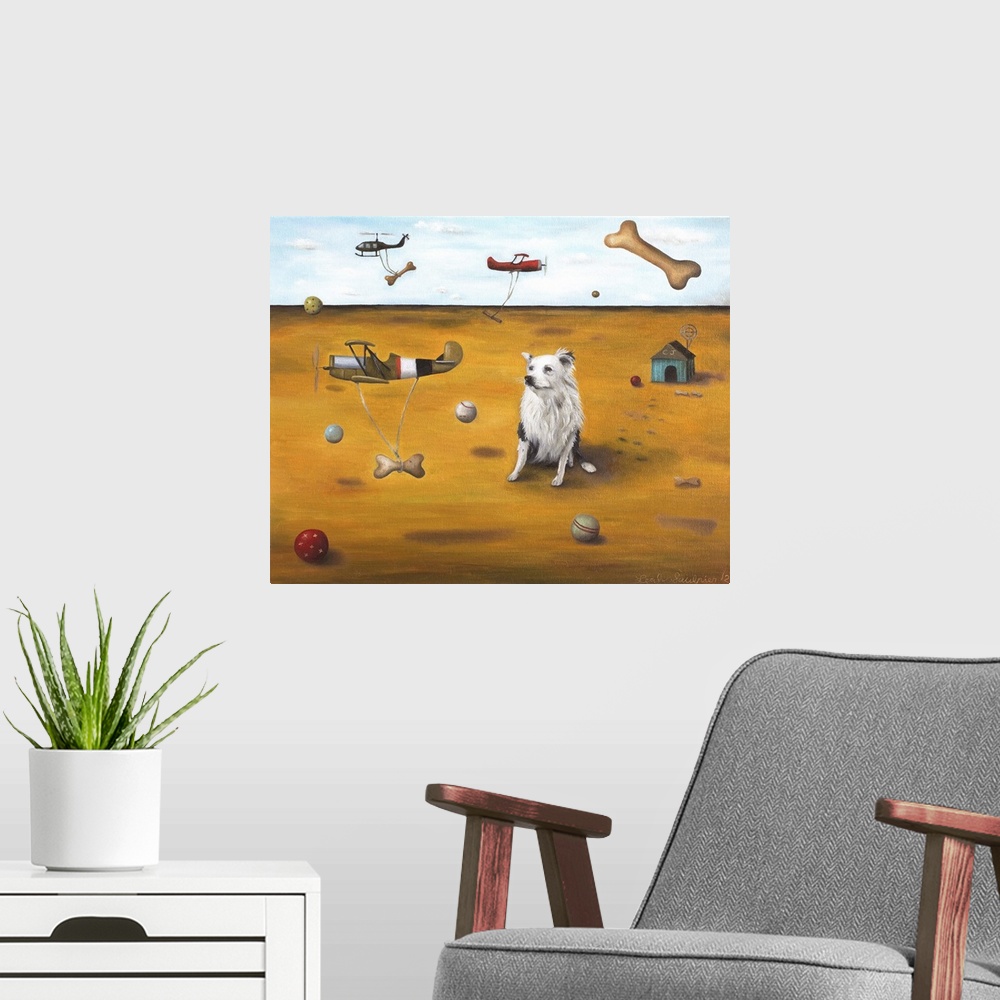 A modern room featuring Surrealist painting of a dog sitting on dry arid land watching dog bones being carried around by ...