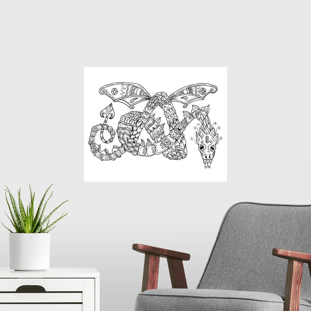 A modern room featuring Line art of a long, winged dragon with patterned scales.
