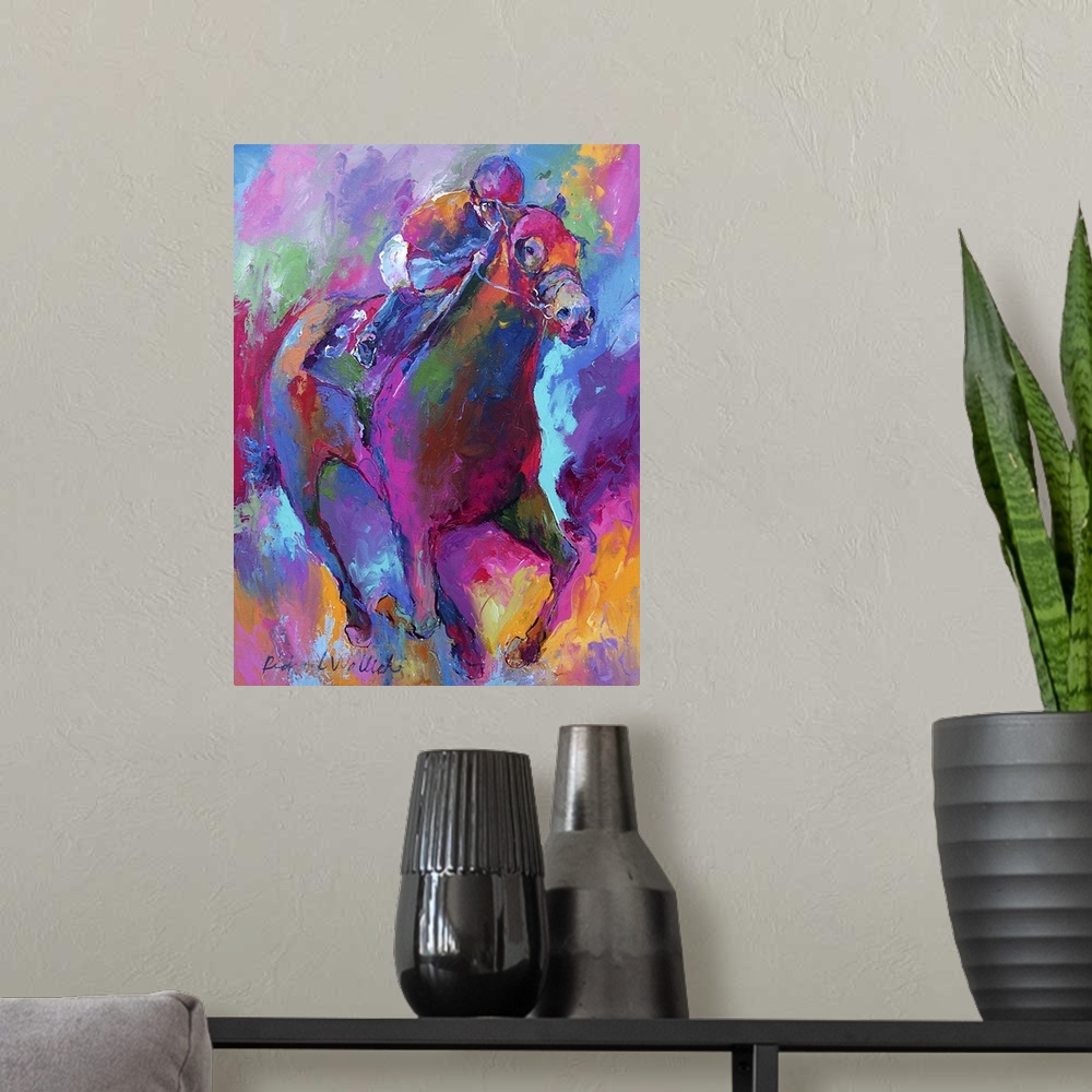 A modern room featuring Contemporary vibrant colorful painting of a jockey on horseback.