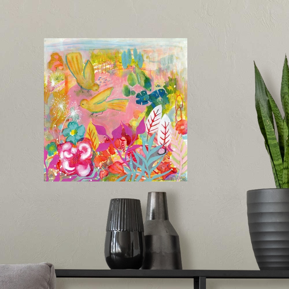 A modern room featuring Painting of two birds flying above brightly colored flowers.