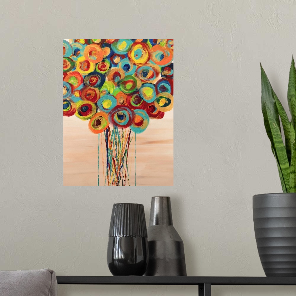 A modern room featuring A contemporary abstract painting of a bouquet of colorful flowers in a vase against a light brown...