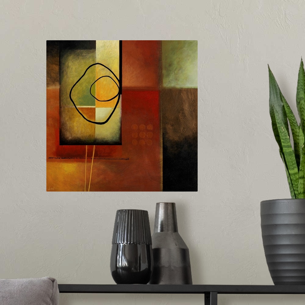 A modern room featuring Contemporary abstract painting using warm earthy tones.