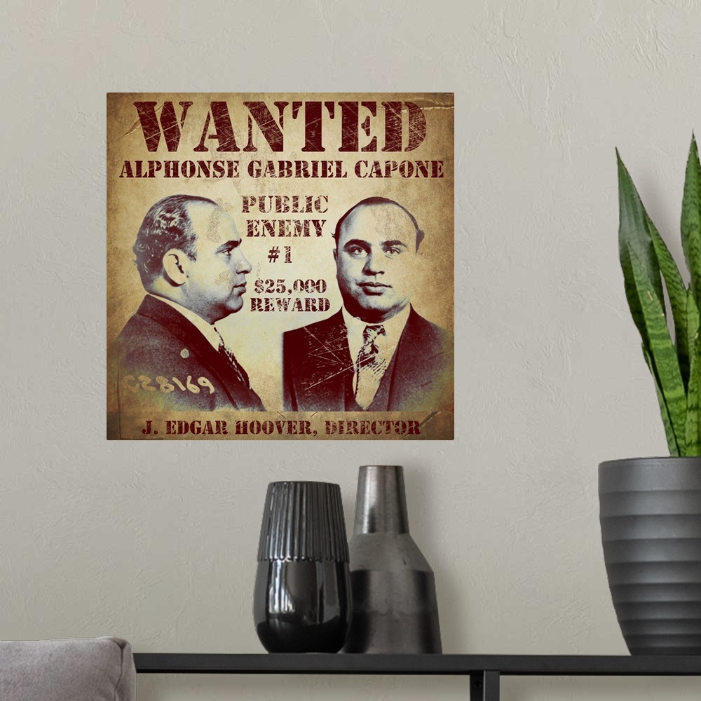 A modern room featuring Al Capone Wanted Poster