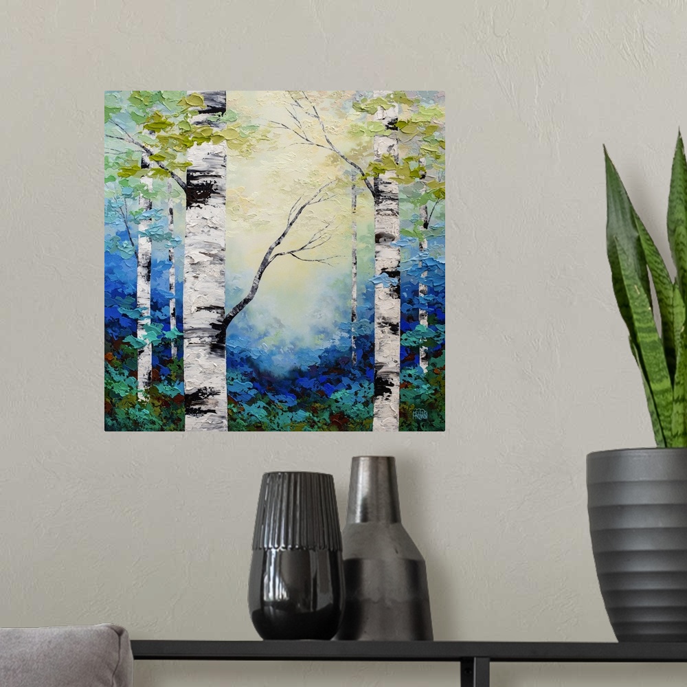 A modern room featuring Fine art textured painting of aspen trees and birch trees in sunlit forest Giclee art print on ca...