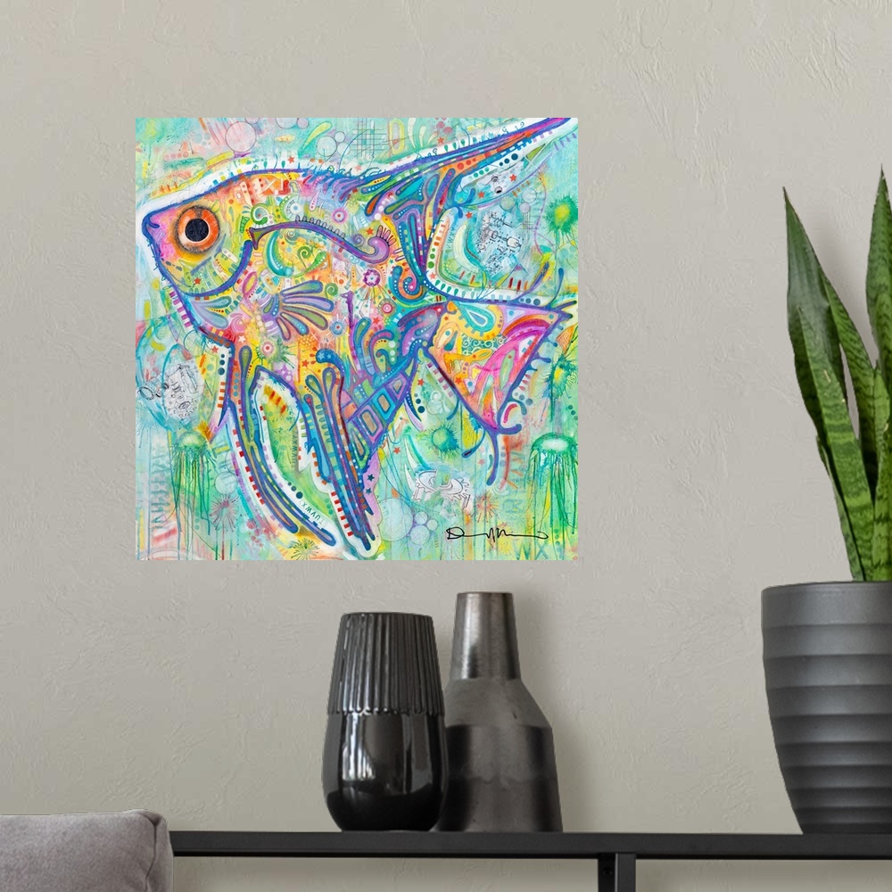 A modern room featuring Square painting of an angelfish in pastel colors with abstract designs all over.