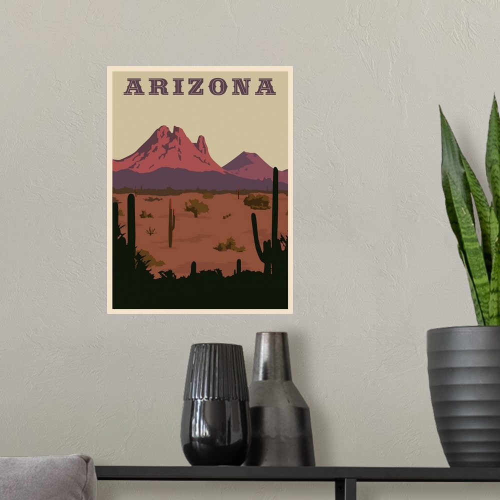 A modern room featuring Minimalist retro travel poster.