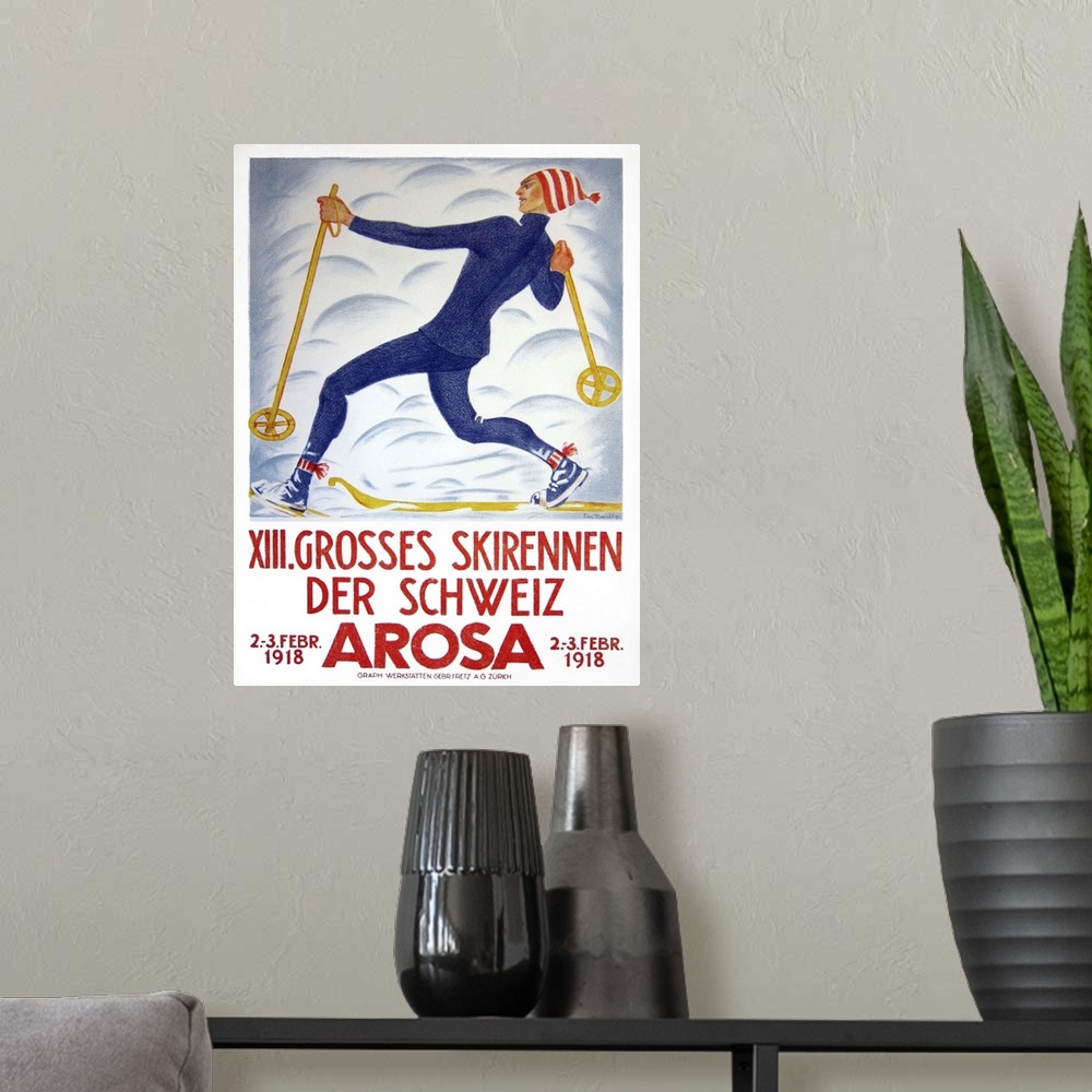 A modern room featuring Vintage advertisement for Arosa Skiing.