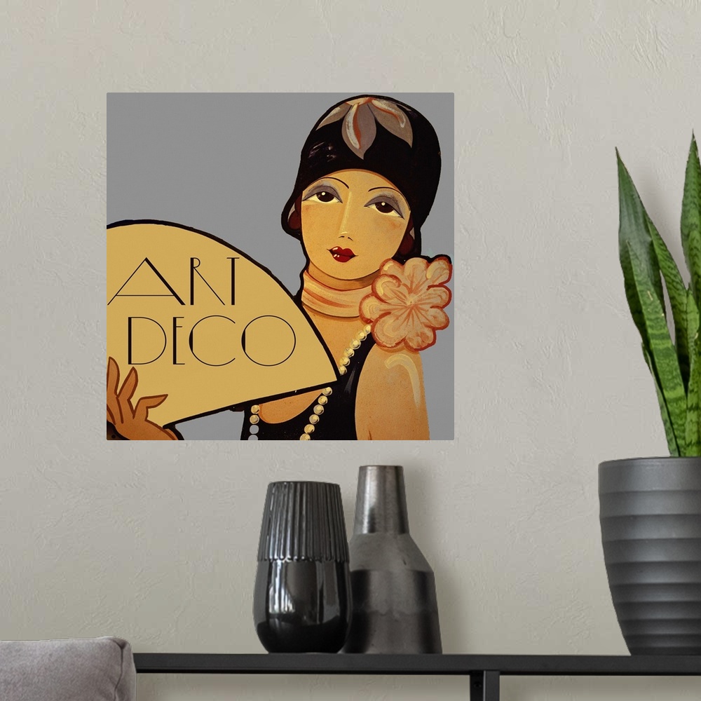 A modern room featuring Vintage poster advertisement for Art Deco Flapper.
