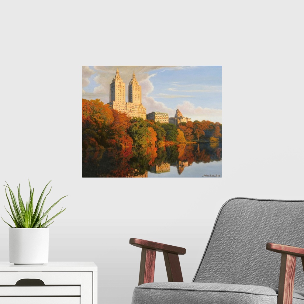A modern room featuring skyline of central park and hudson river in fall
