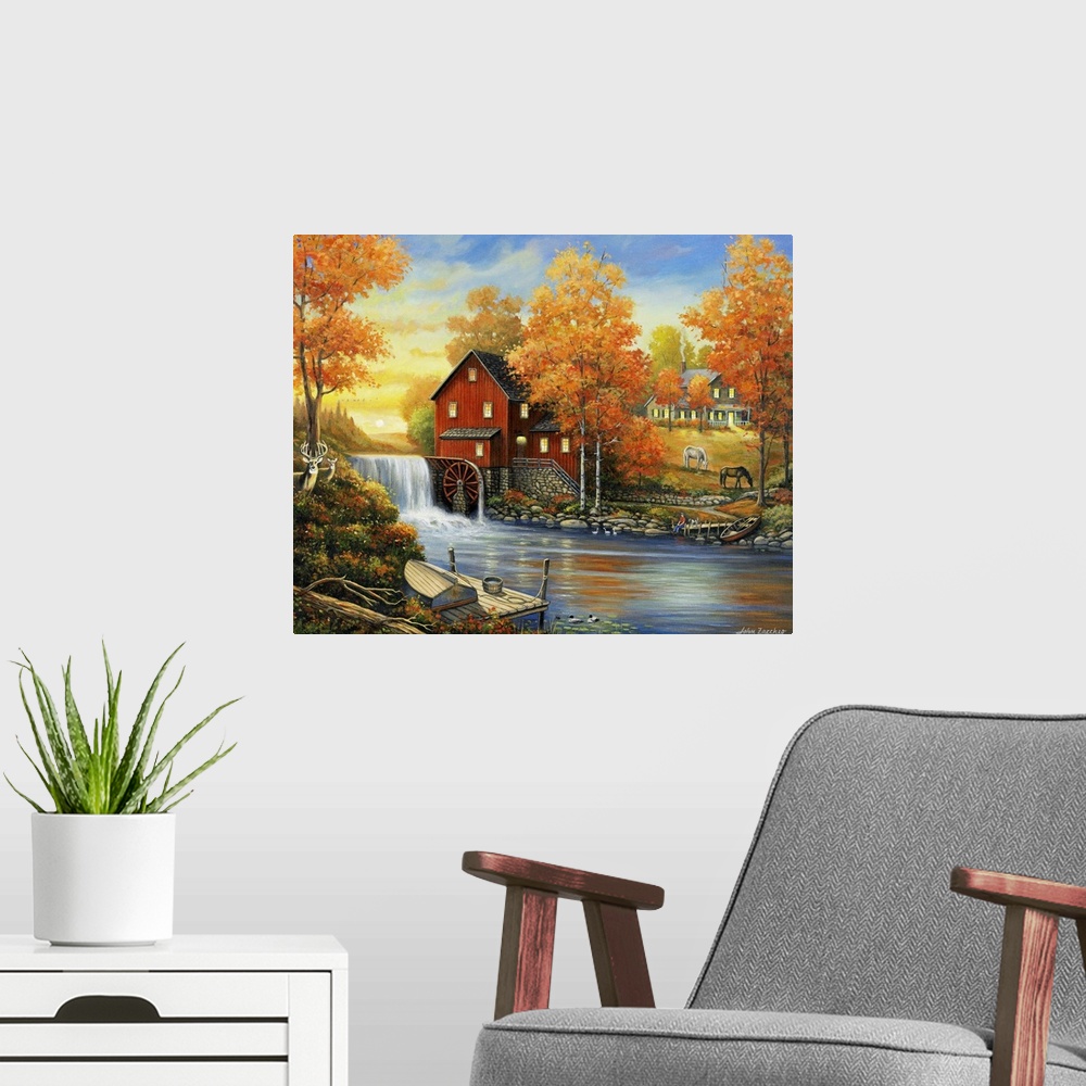 A modern room featuring A house with a large red barn and water wheel with a  brook and a dock with a row boat and two de...