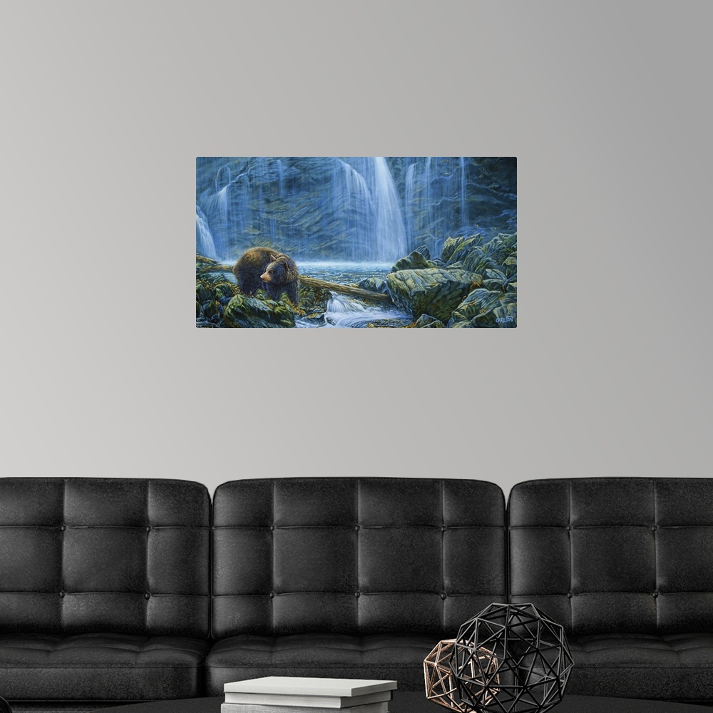 A modern room featuring brown bear fishing in stream