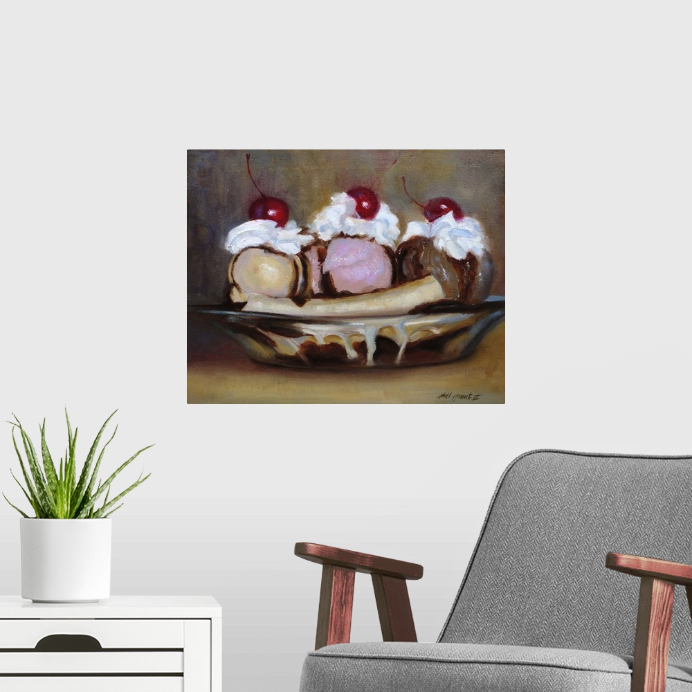 A modern room featuring Contemporary still-life painting of a banana split.