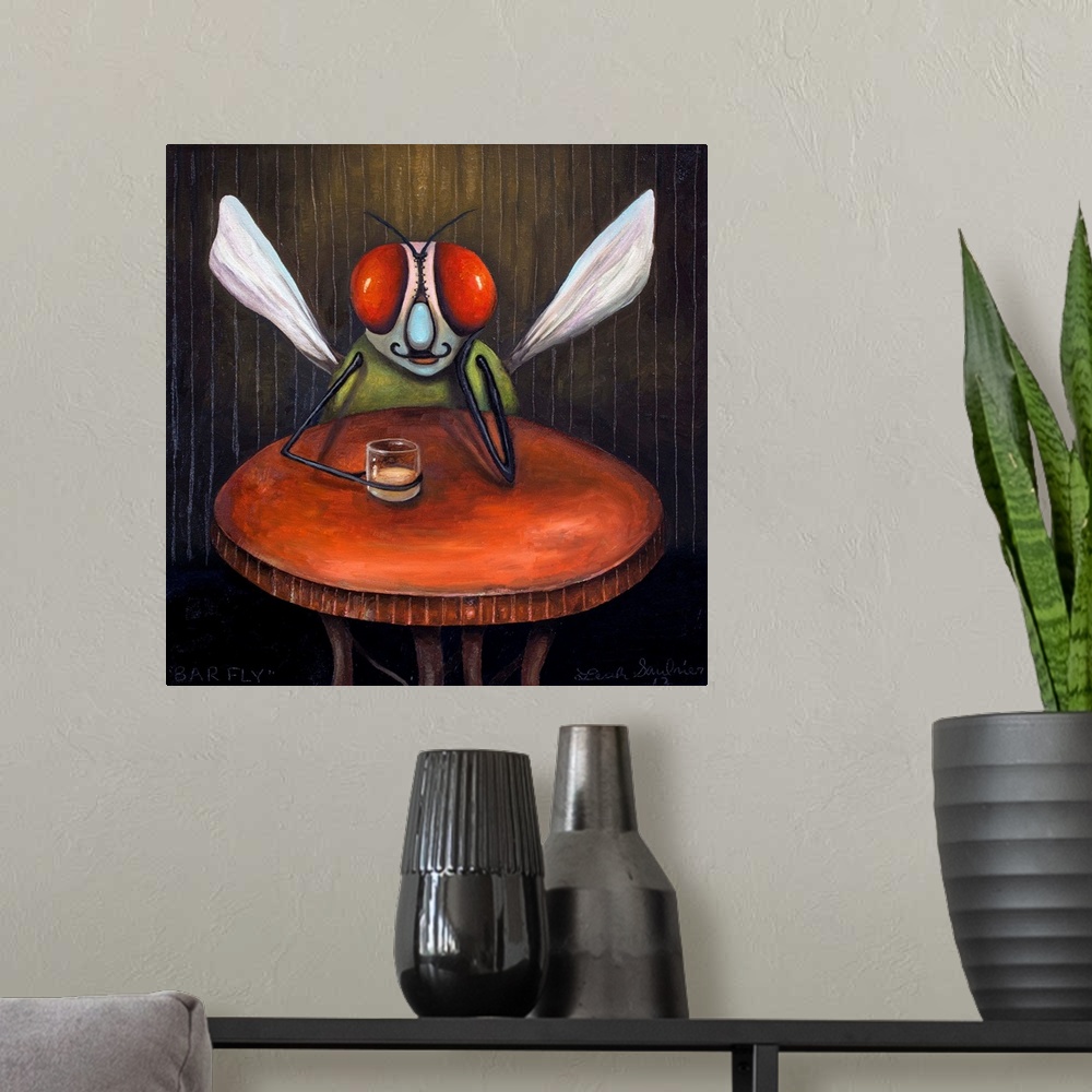 A modern room featuring Surrealist painting of a barfly with bright red eyes.