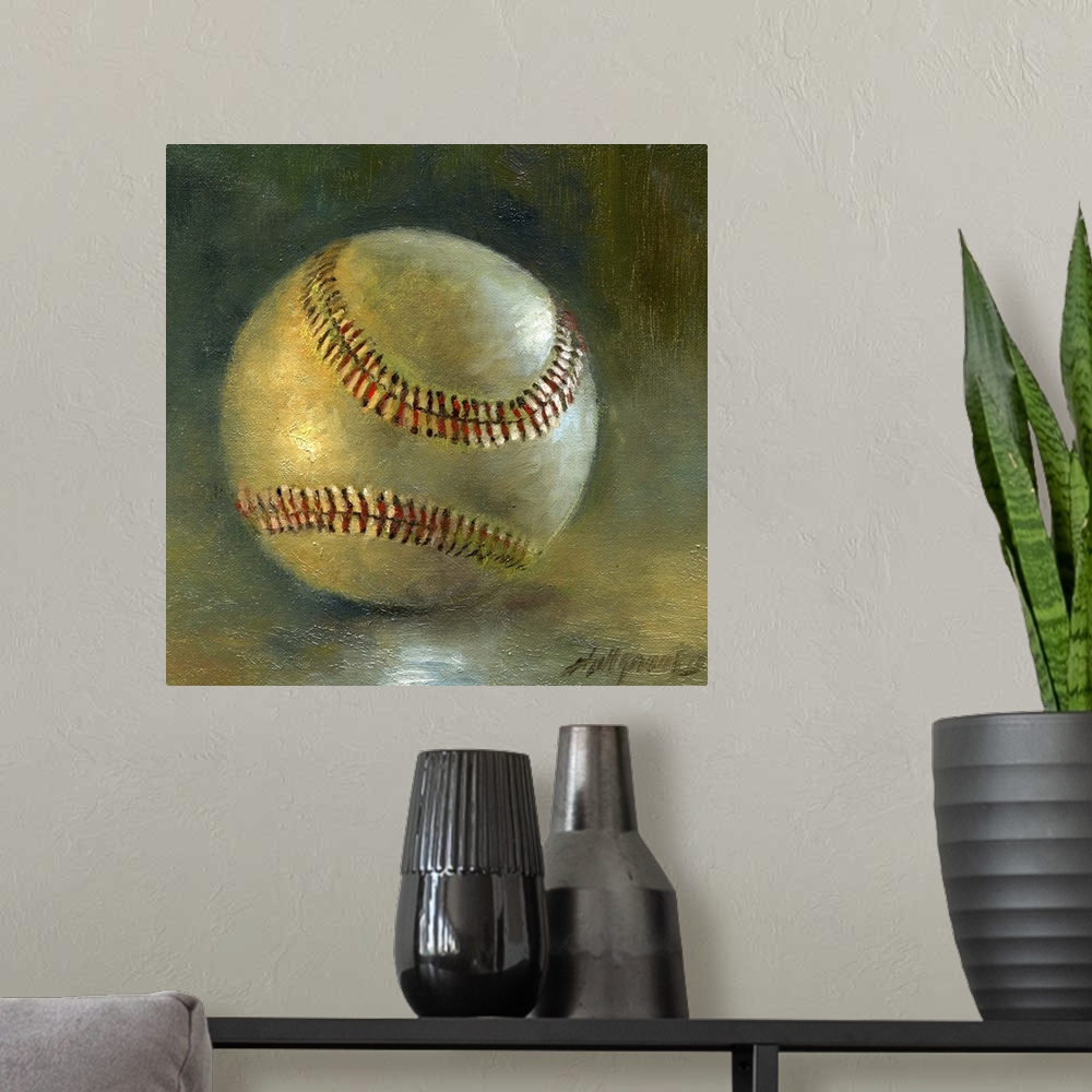 A modern room featuring Contemporary still-life painting of a baseball.