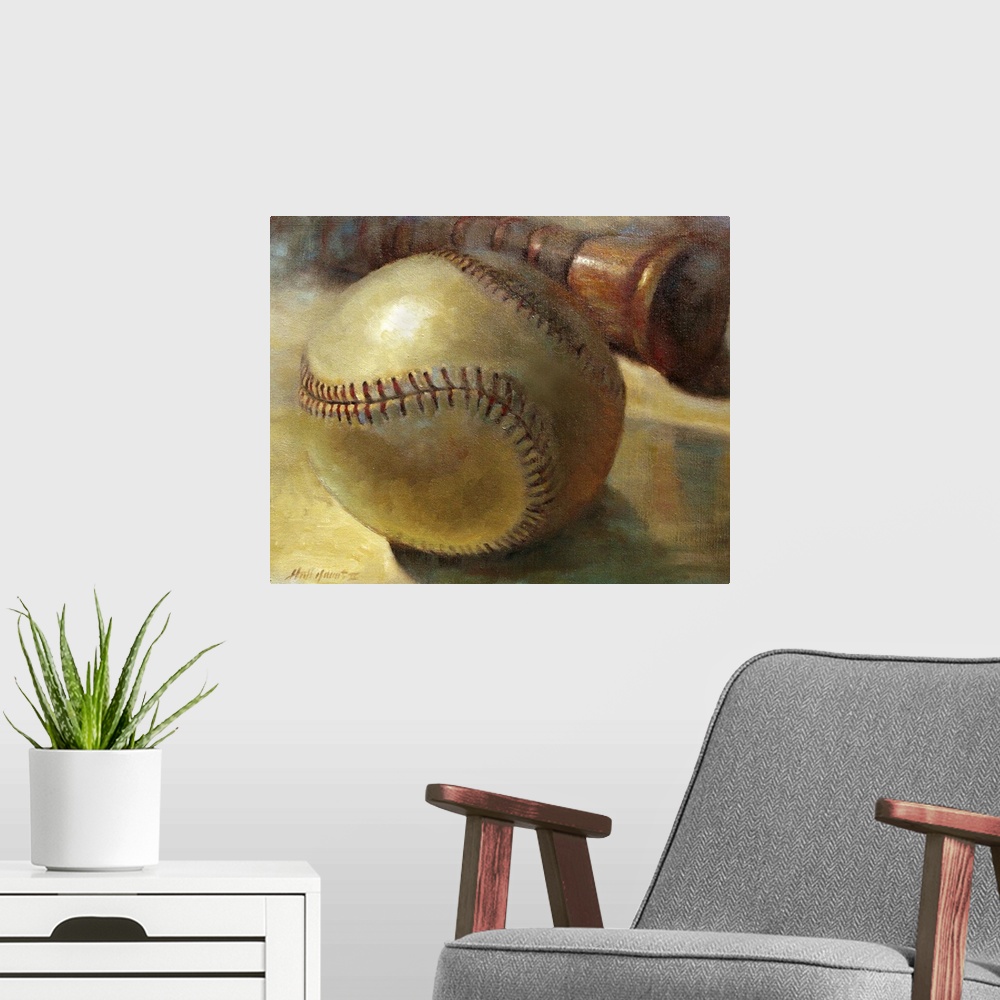 A modern room featuring Contemporary still-life painting of a baseball and bat.