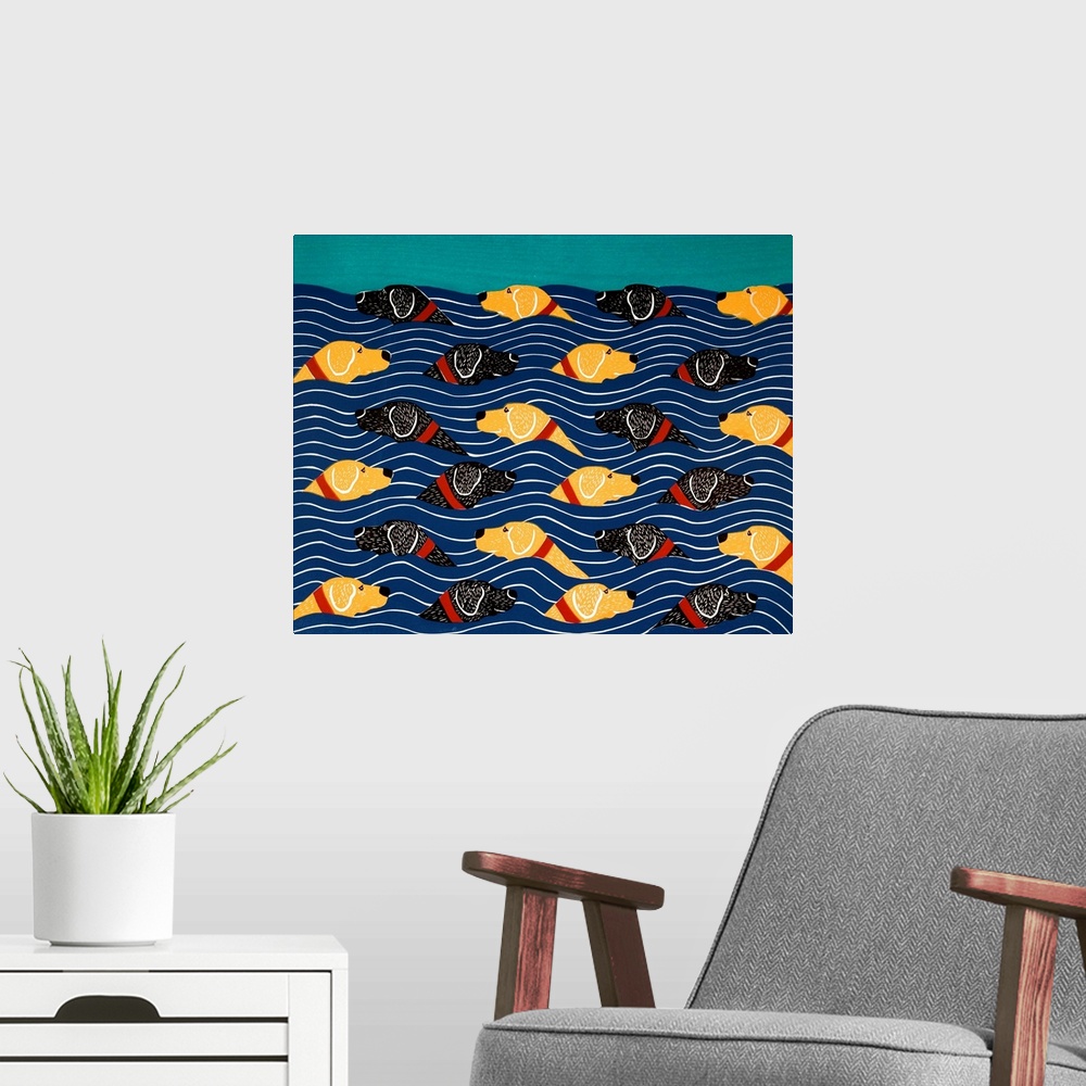 A modern room featuring Pattern of black and yellow labs swimming in the ocean waves in opposite directions.