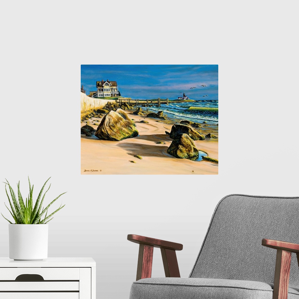 A modern room featuring Contemporary painting of a beach scene with a house and lighthouse in the background.