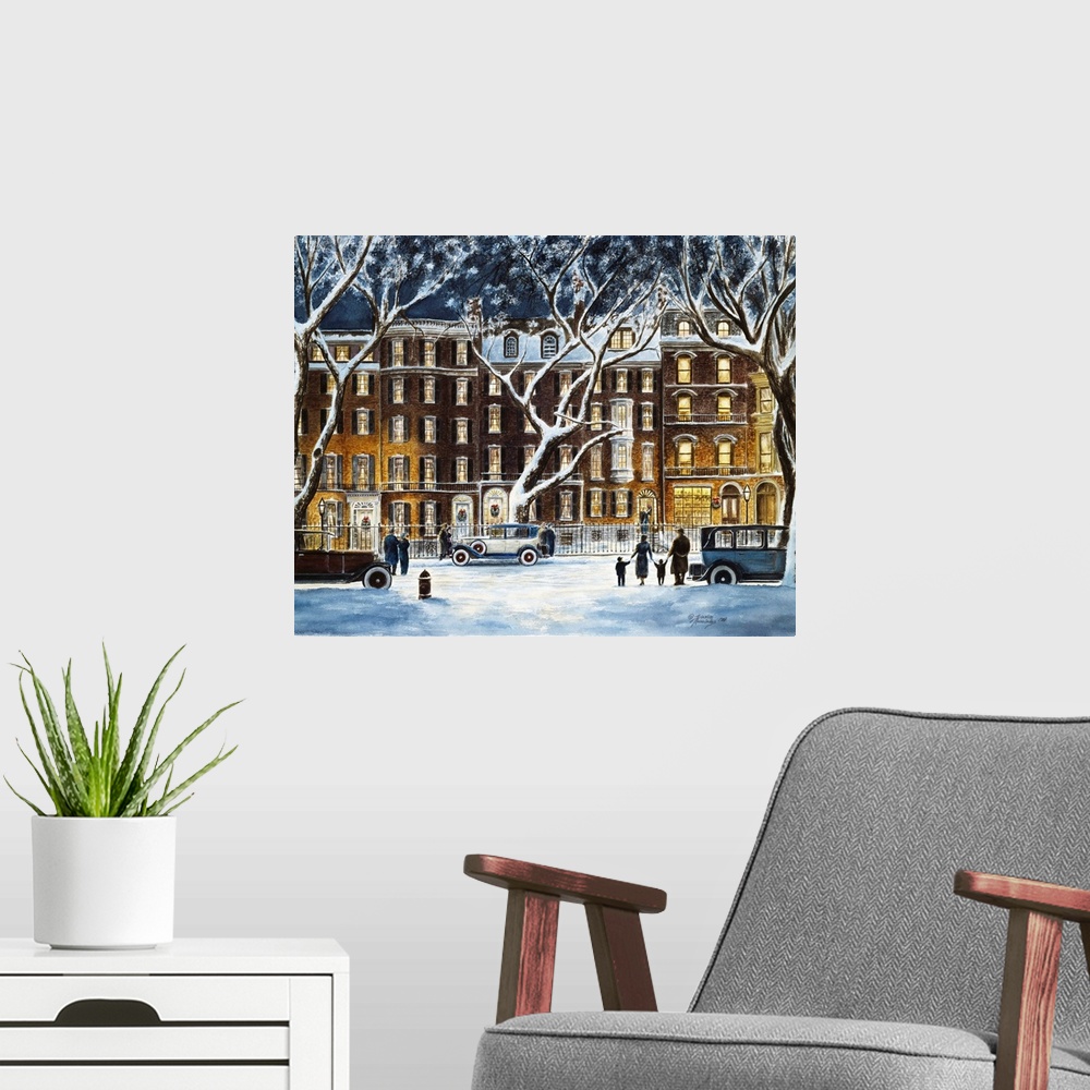 A modern room featuring Contemporary painting of winter city scene.