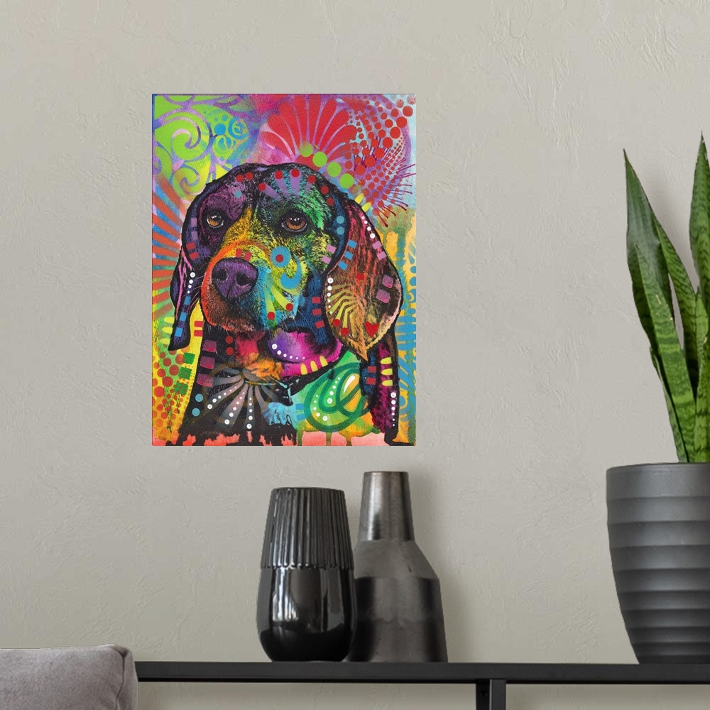 A modern room featuring Pop art style illustration of a beagle with colorful markings all over and a graffiti background.