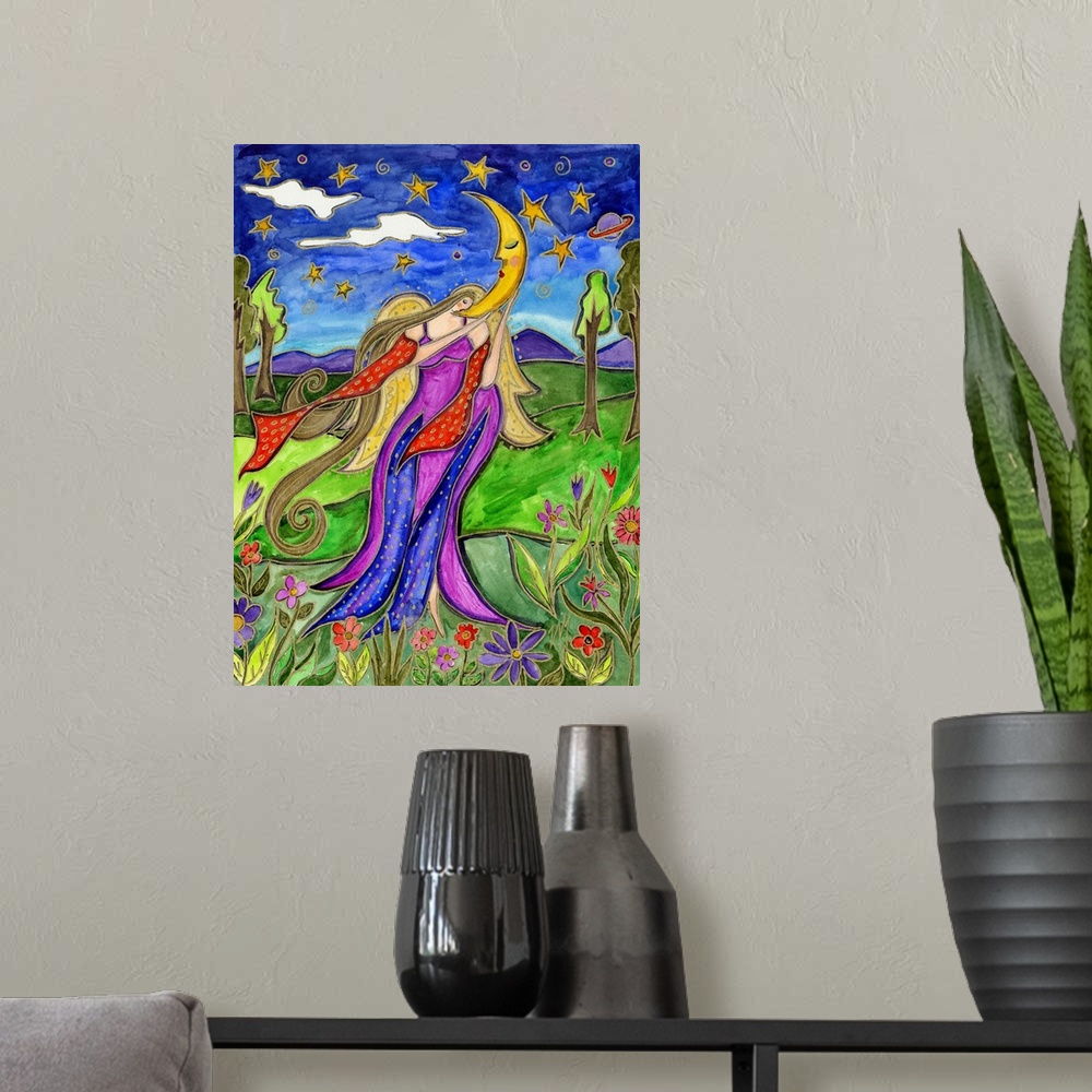 A modern room featuring An angel in a flowing dress holding a crescent moon in a garden under a starry sky.