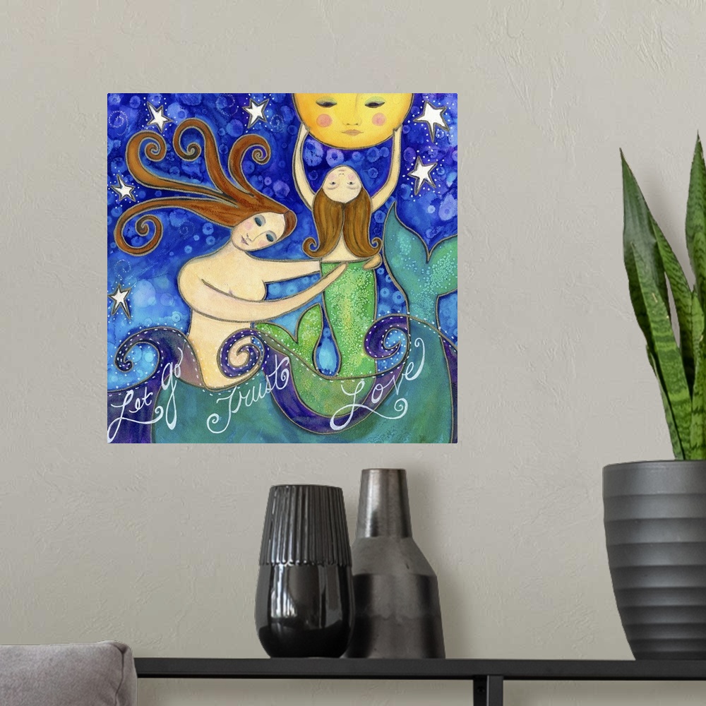 A modern room featuring A mermaid helping her daughter touch the moon.