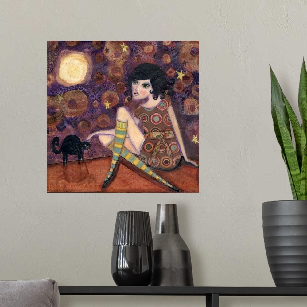 A modern room featuring Painting of a girl in a patterned dress petting a black cat under a full moon.