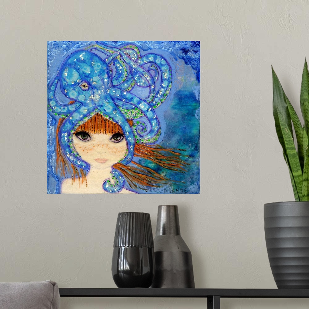 A modern room featuring Painting of a girl with large eyes with a big blue octopus on her head.