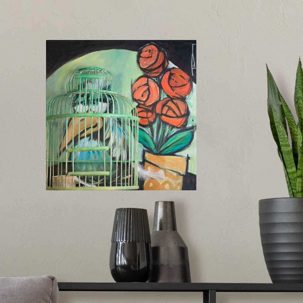 A modern room featuring Mixed media painting of a bird next to roses in a vase, with an actual cage.