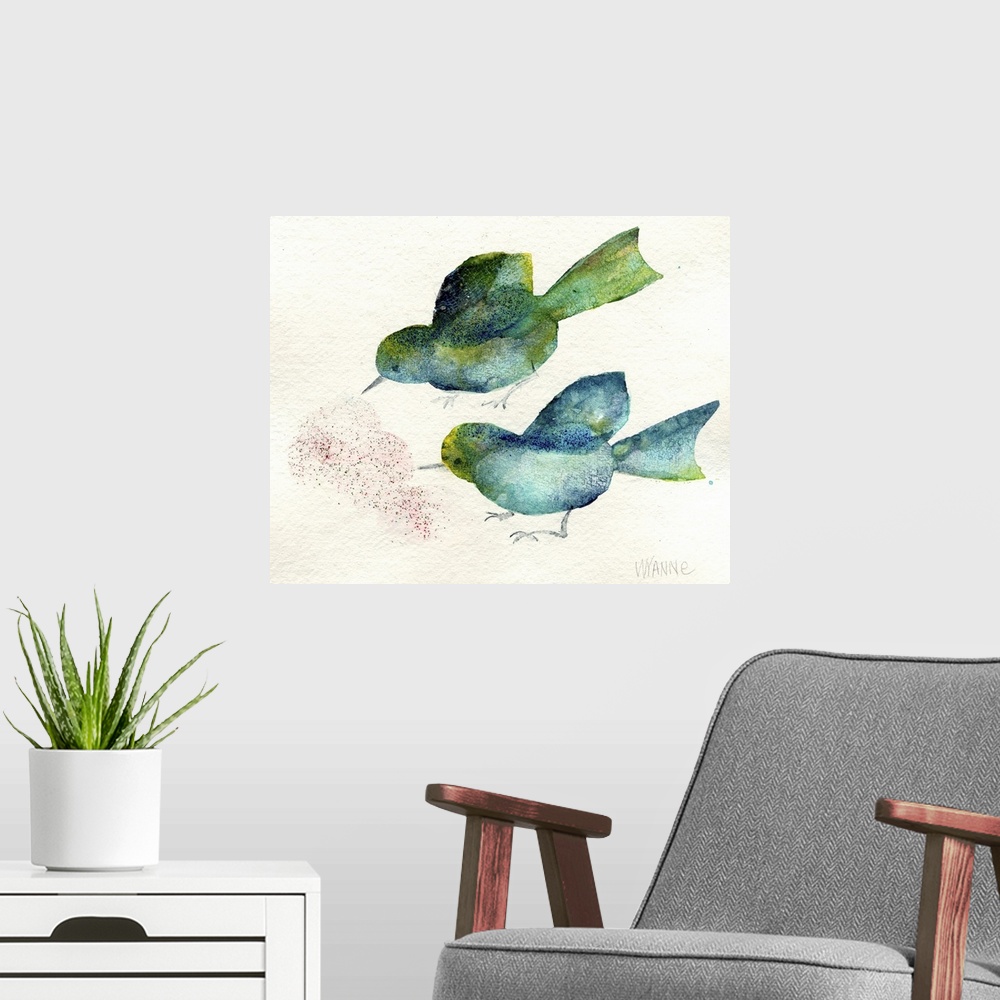 A modern room featuring Two watercolor birds looking at seeds on the ground.