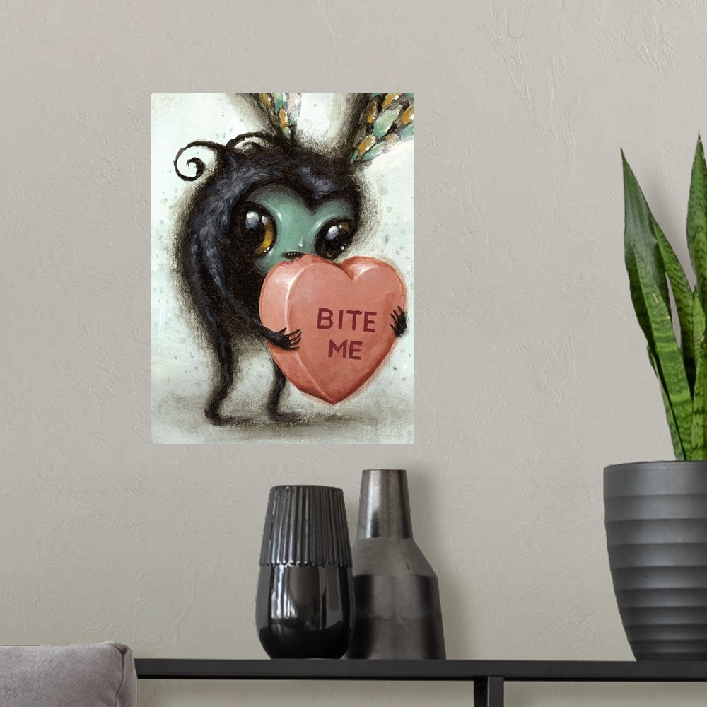 A modern room featuring Surrealist painting of an insect-like creature holding a heart-shaped candy.