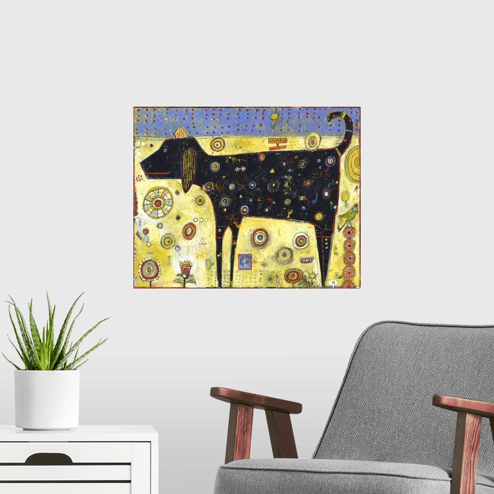 A modern room featuring Lighthearted contemporary painting of black dog with spots.