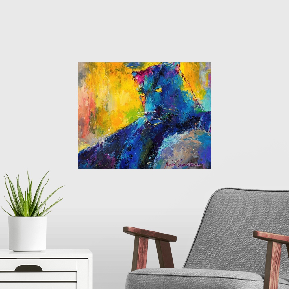 A modern room featuring Colorful abstract painting of a panther resting.