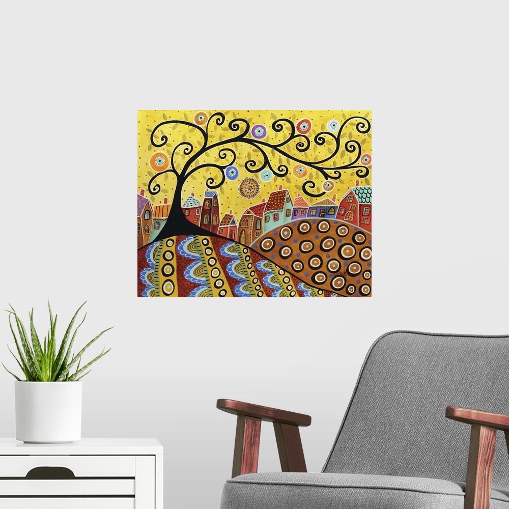 A modern room featuring Contemporary painting of a village made of different colored houses with a large tree with curly ...
