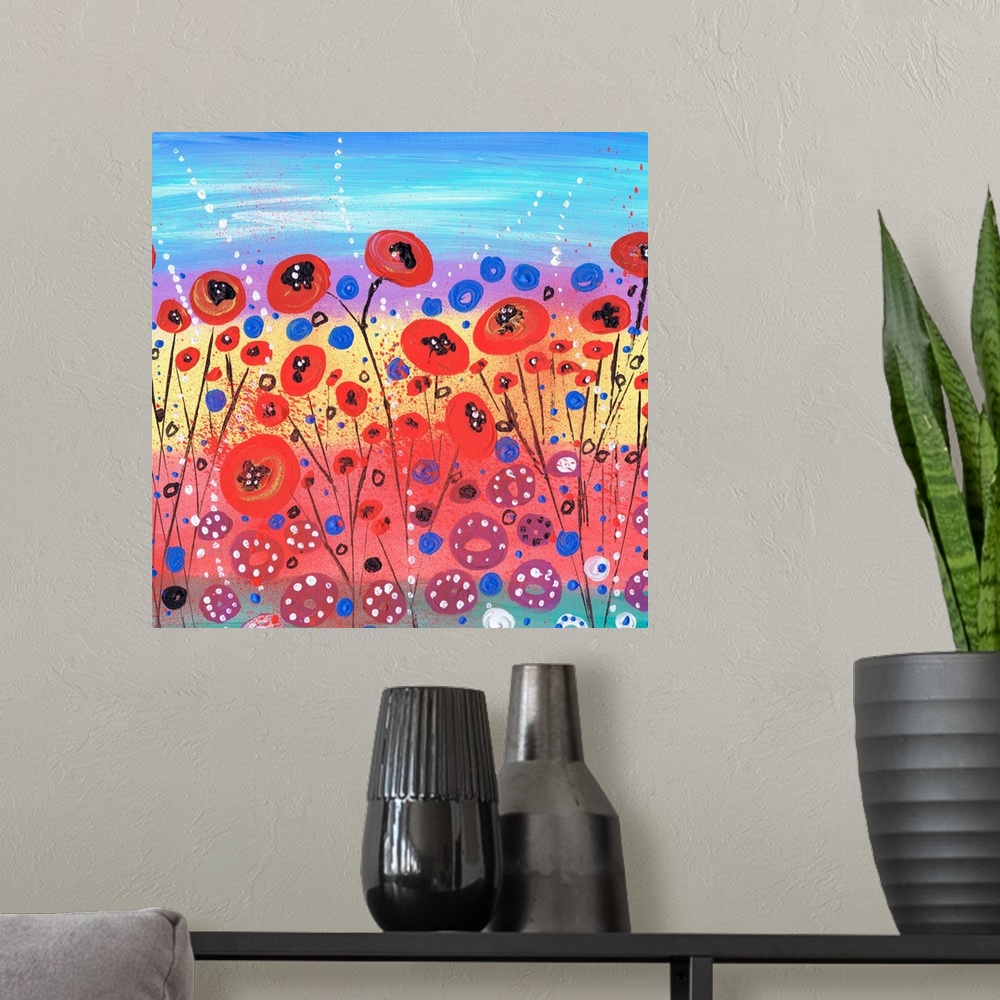 A modern room featuring A painting of fields filled with wildflowers.