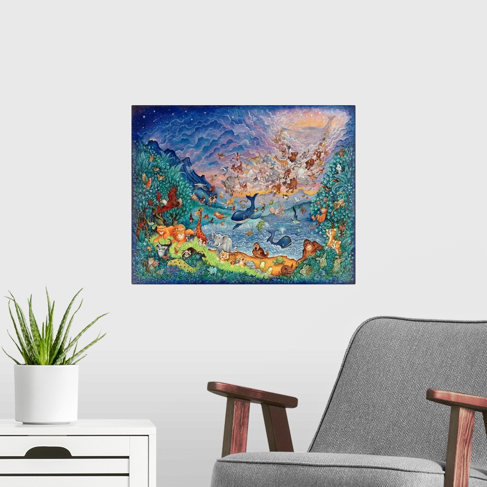 A modern room featuring Creation of animals falling from the sky, in blue.