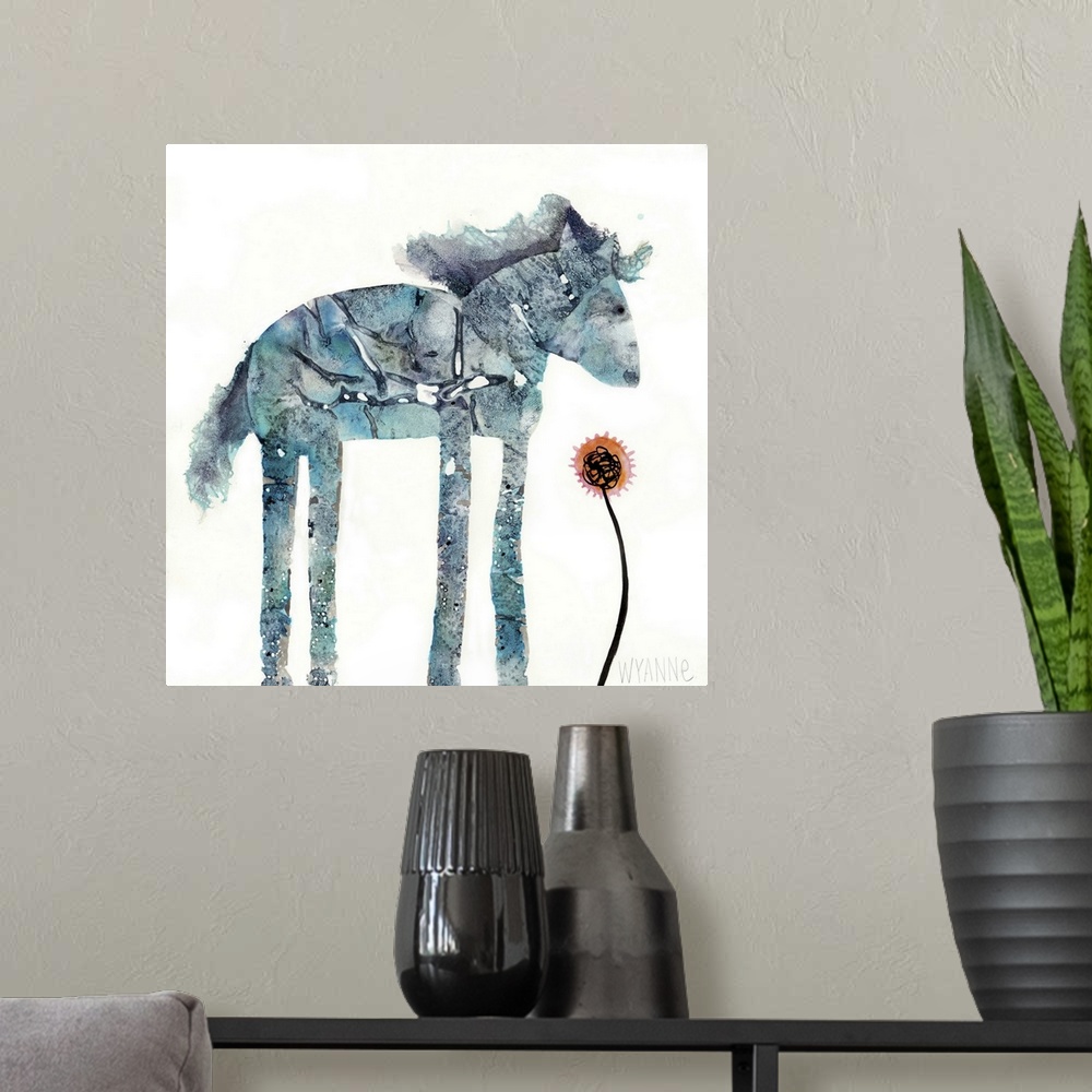 A modern room featuring A blue watercolor horse looking at a small red flower.