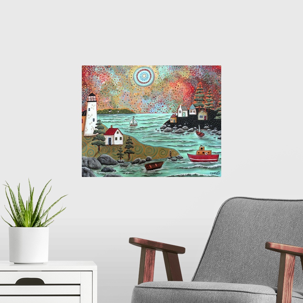 A modern room featuring Contemporary painting of a coastal scene with a lighthouse and boats.