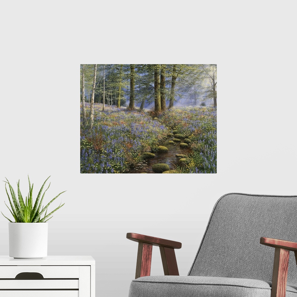 A modern room featuring Rocky stream running through woods and field of purple salvia.